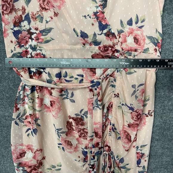 Eliza J Dress Women 18 Fits 14/16 Pink Floral Ruched Chiffon Faux Wrap Swiss Dot - Picture 7 of 15